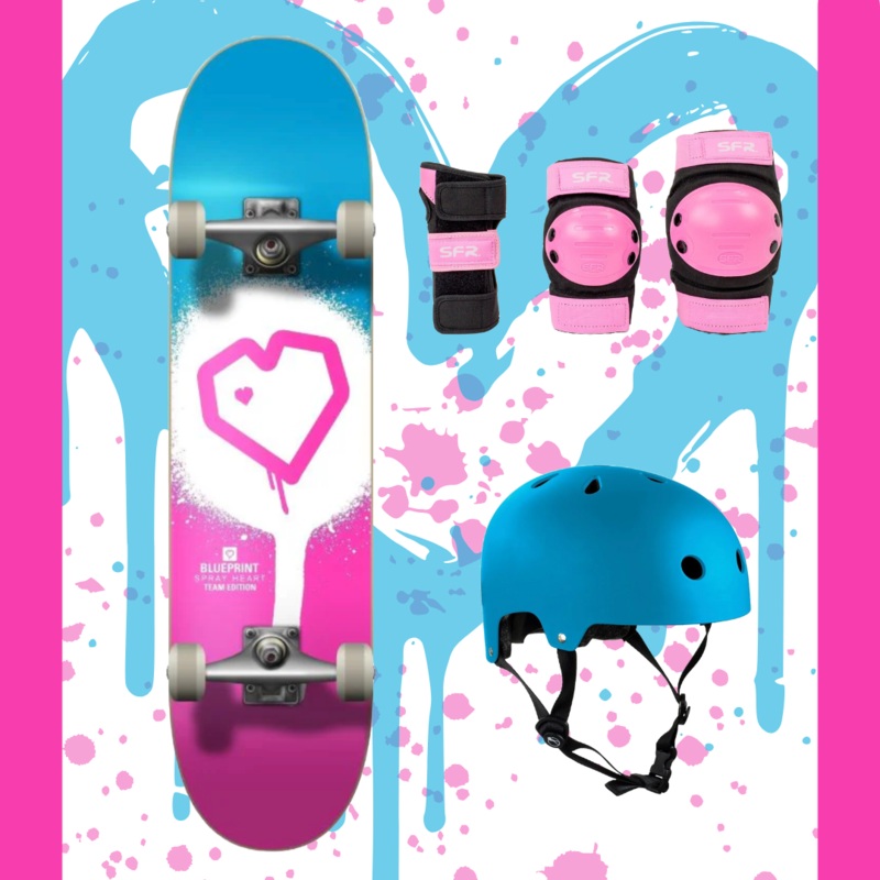 Blueprint Spray Heart Pink /Blue 7.25 Junior Skateboard Bundle