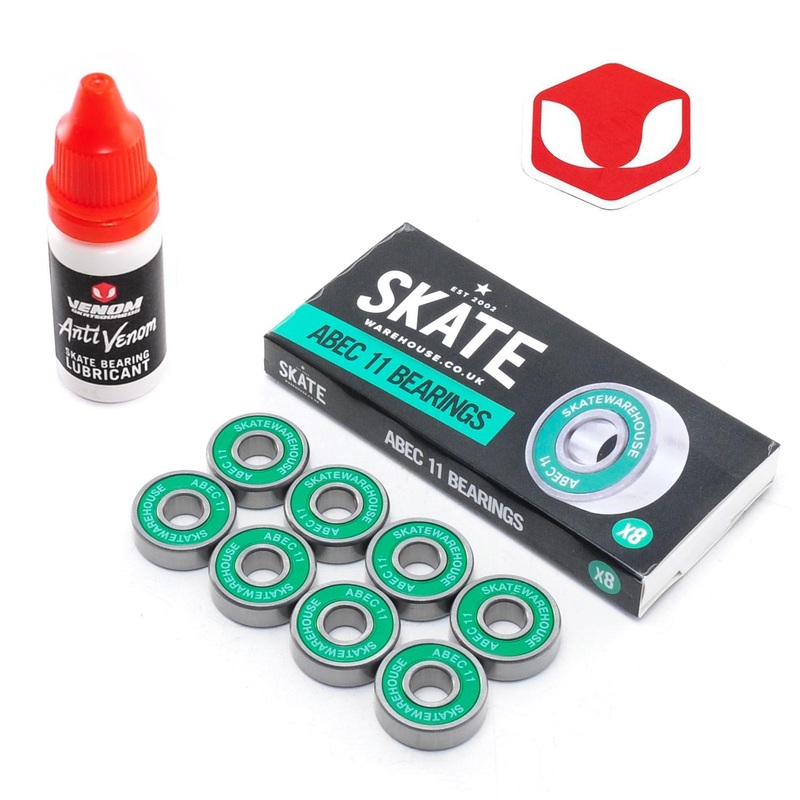 Skatewarehouse Abec 11 Skateboard Bearings & Venom Bearing Lubricant Pack