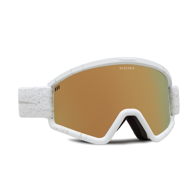 Electric Hex Snow Goggle in the Matte Speckled White Frames with a Gold Chrome Lens and a Yellow Bonus Lens 2023